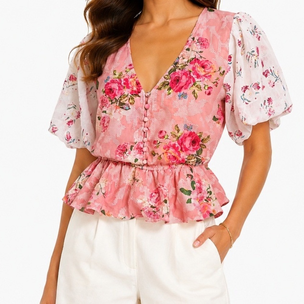 Hemant & Nandita Pink Floral Peplum Top Puff Sleeve Button Front Size S